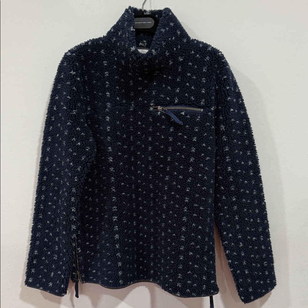 LL Bean Cozy Navy Sherpa Fleece Pullover Sweater with Zip Pocket XS
